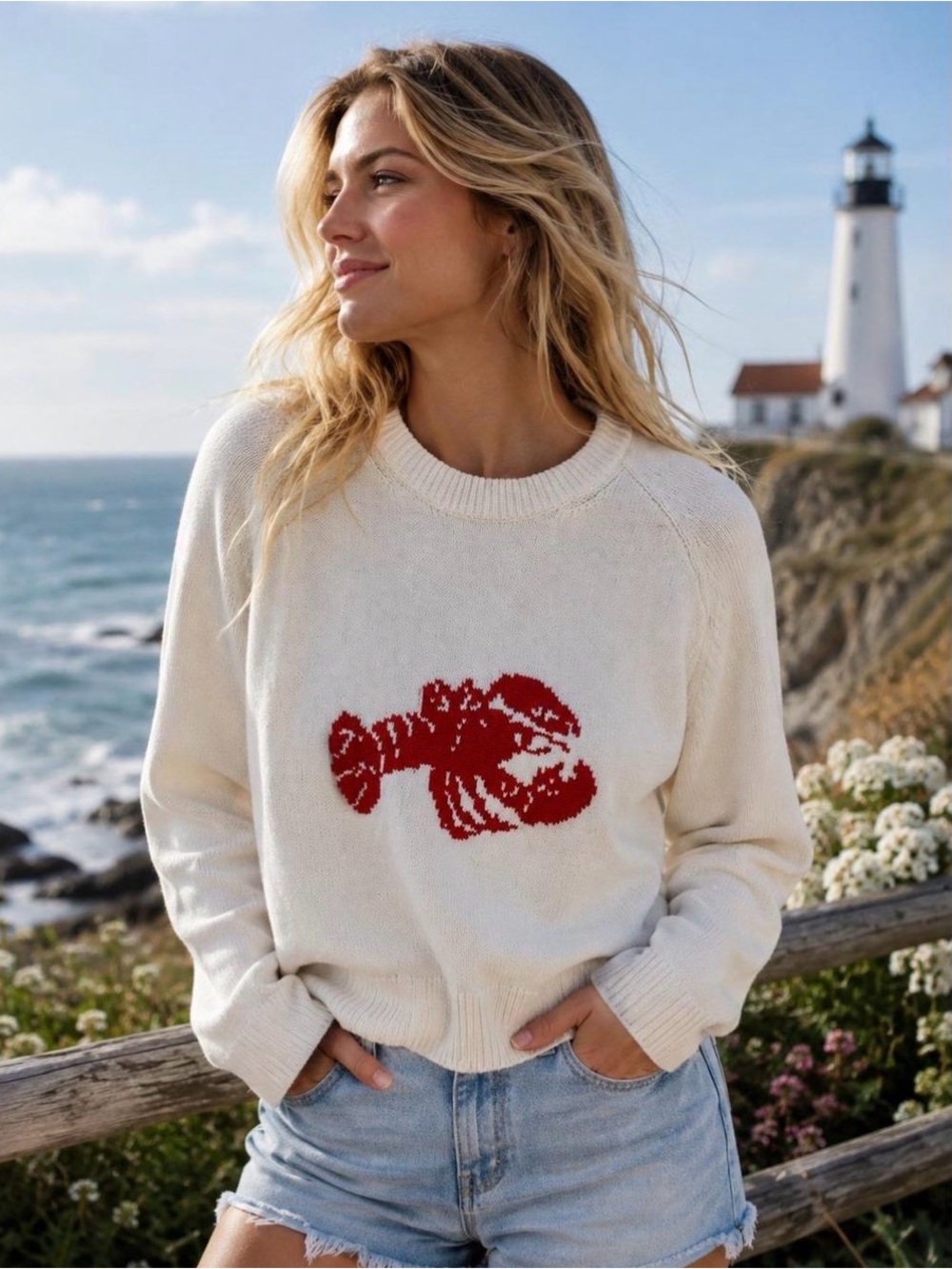 Abercrombie & Fitch White Lobster Knit Sweater Women’s XS Coastal Preppy